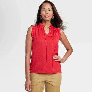 Women Red Sleeveless Ruffle Blouse with a Tie Neck - size 12